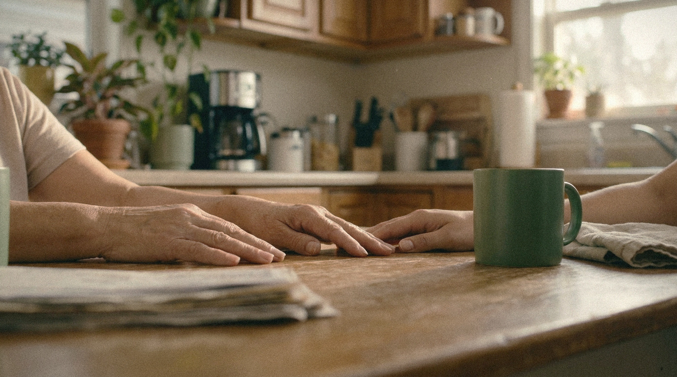 An older hand and a younger hand resting close together on a kitchen counter. No faces are shown, just hands near a mug and a stack of papers.