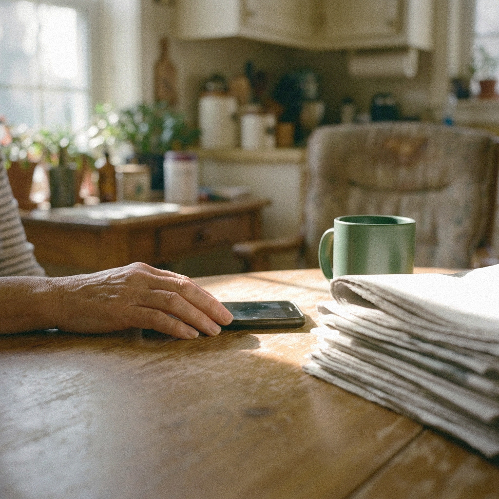 An older woman’s hand resting on a phone on a sunlit wooden table, with a folded stack of white napkins and a mug beside it.